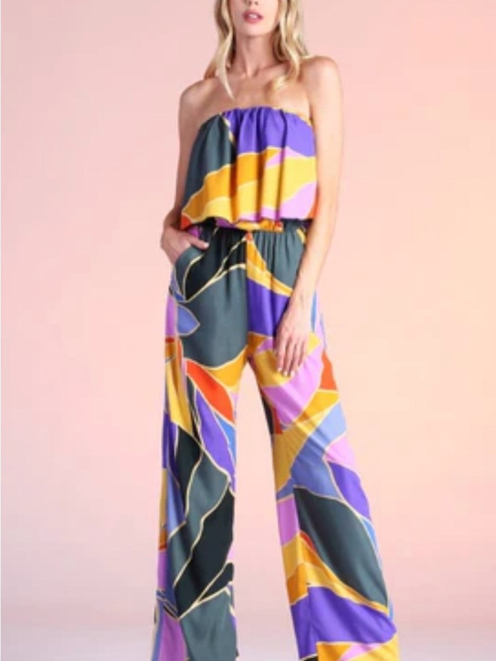 Wide-Leg Strapless Jumpsuit in Multi-Color Print